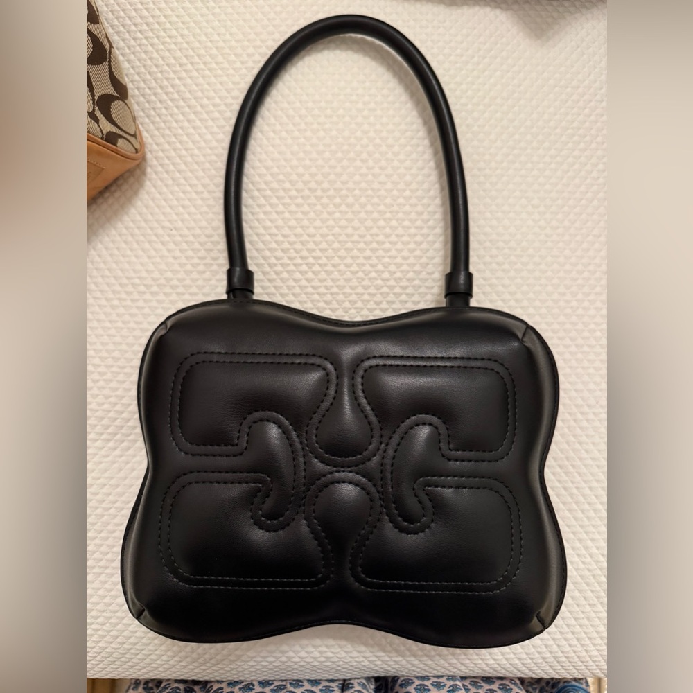 Ganni Butterfly Top Handle Shoulder Bag in Black Recycled Leather NWOT Purse